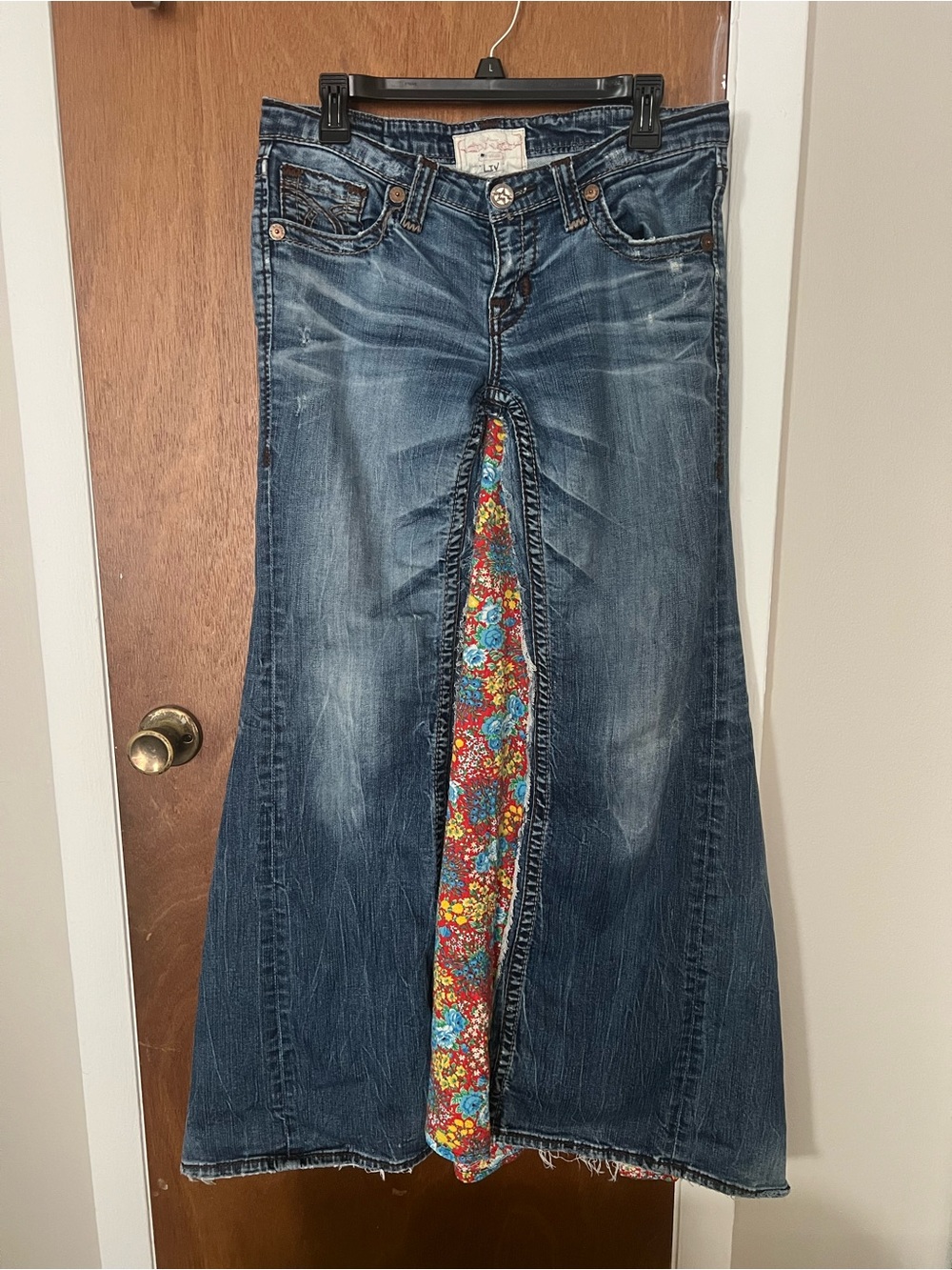 Big Star Blue Denim Flare Skirt with Floral Panel
